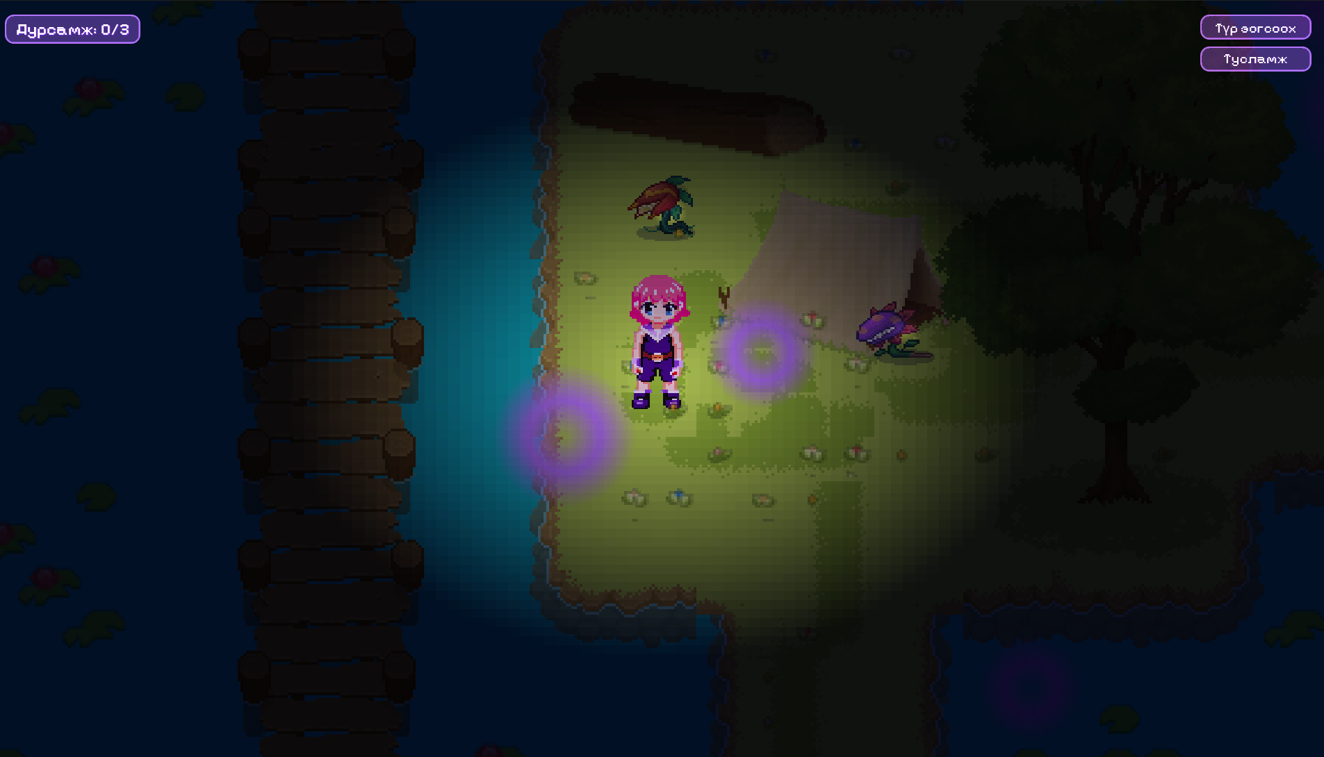 Lost in gameplay, with a character beside a river and wooden bridge